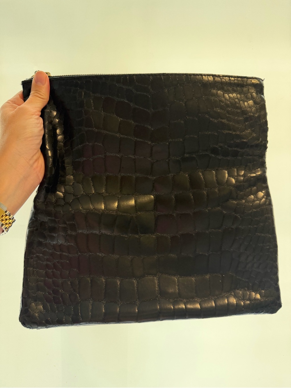 Black Croc Foldover Clutch with Green and Red Center Stripe - Picture 3 of 6